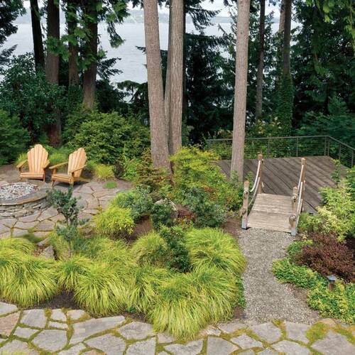 garden with pathways leading to a firepit and a deck